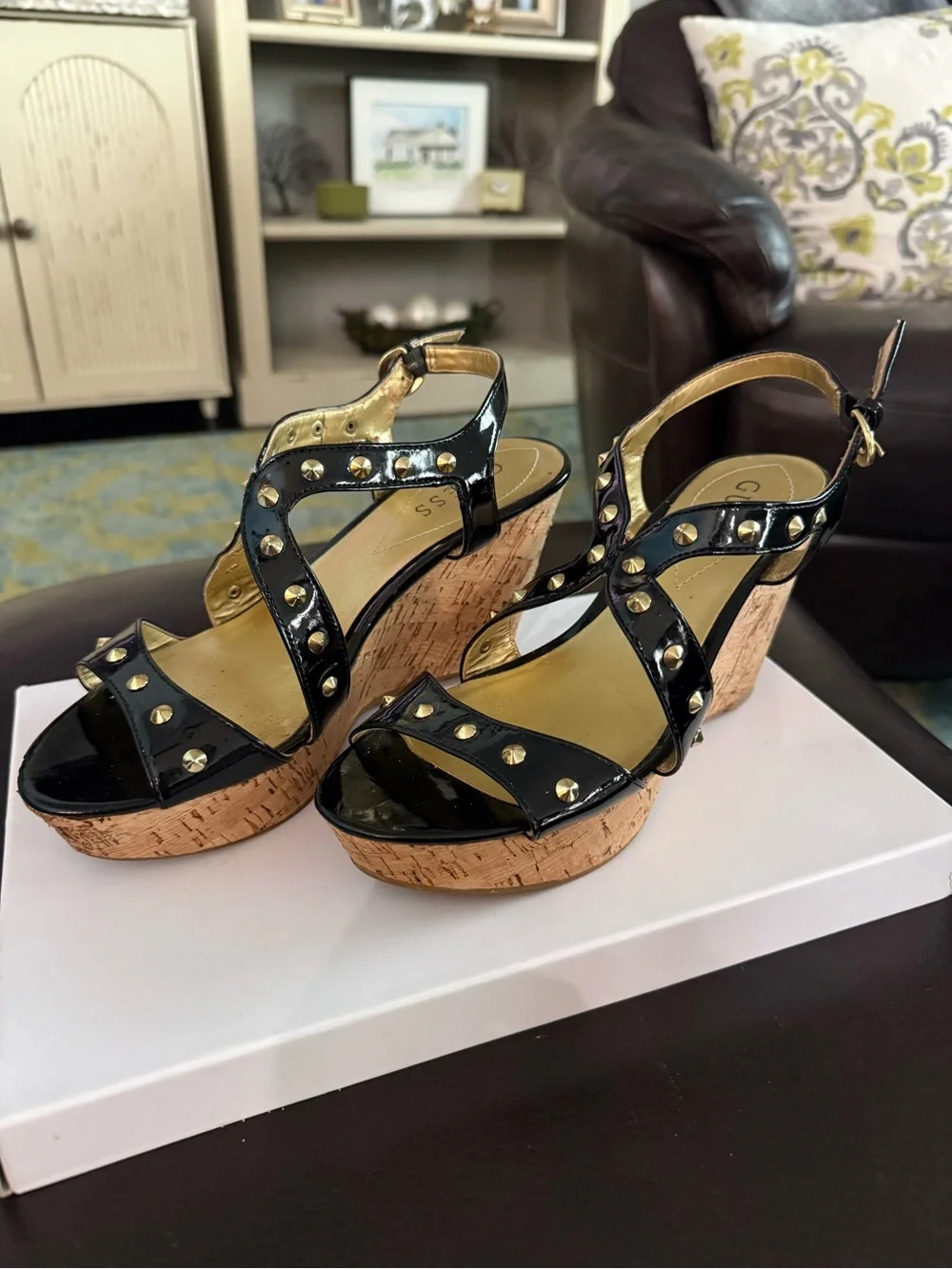 Guess Black Patent Studded Cork Wedge Sandals